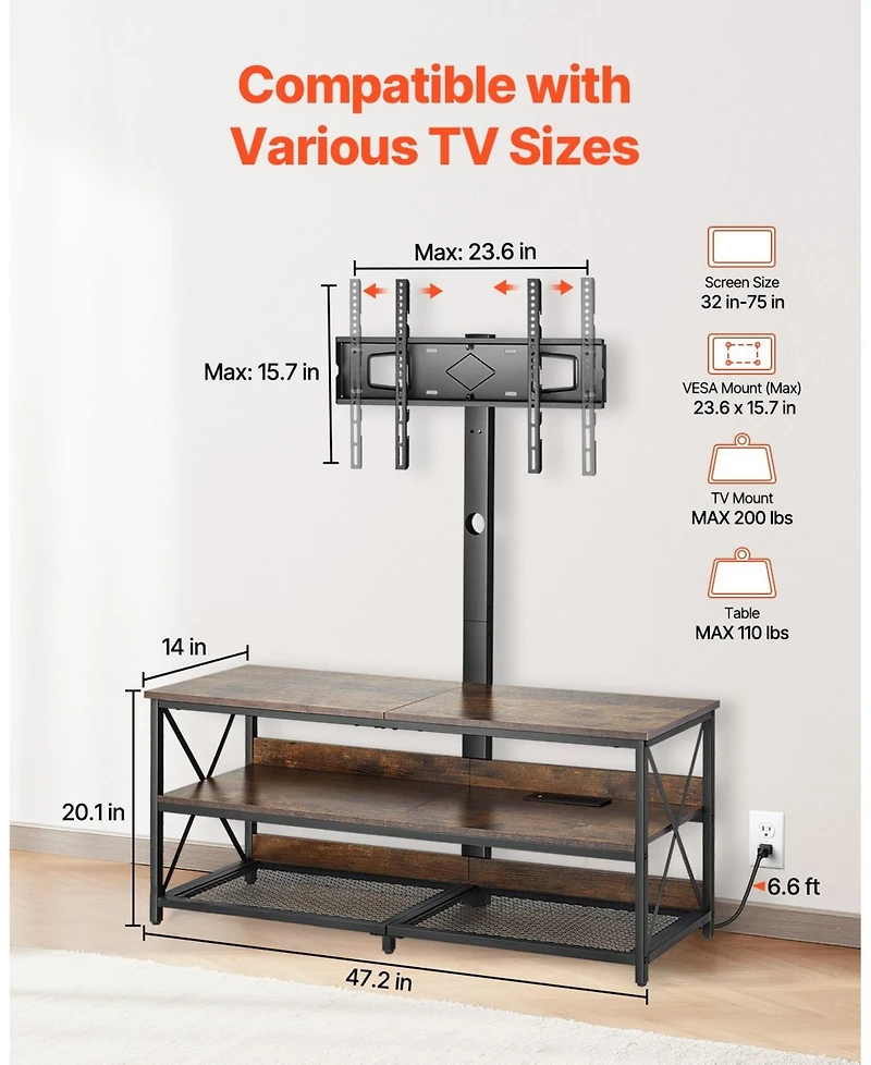 Gouun 48-Inch Swivel Mount Tv Stand with Power Outlets for 32-75 Inch TVs