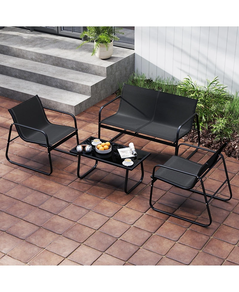 Gouun 4-Piece Patio Fabric Conversation Set with Loveseat and Glass Coffee Table