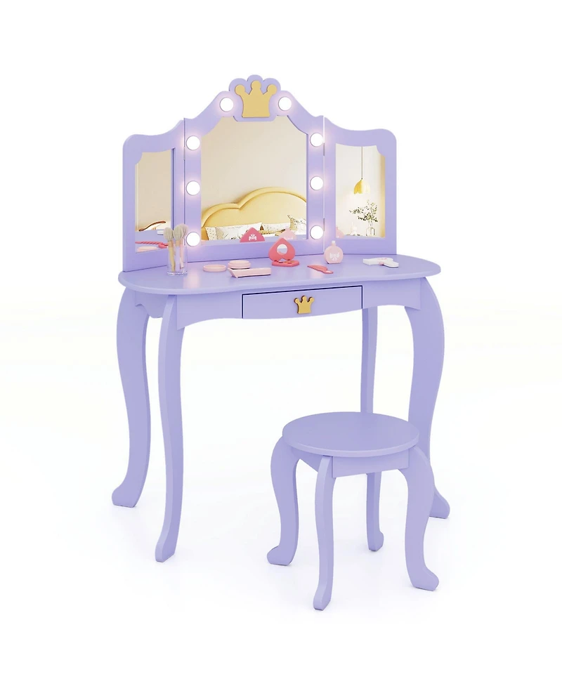 Gouun Kids Vanity Set with Led Tri-Fold Mirror, Detachable Top and Stool