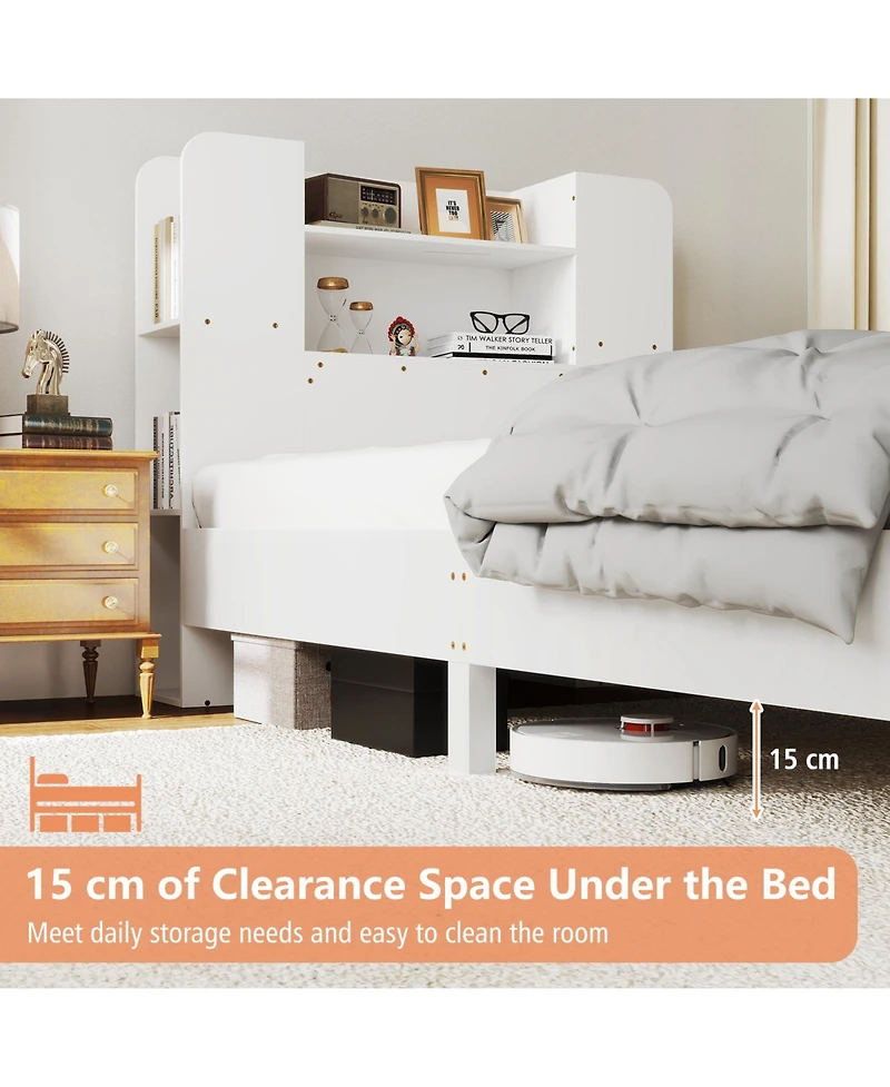 Gouun Wooden Platform Bed Frame with Bookcase Storage Headboard