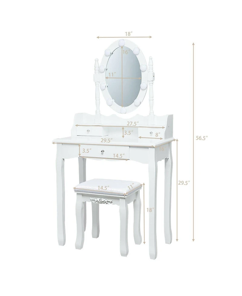 Gouun Oval Mirror Vanity Set with 10 Led Dimmable Bulbs, 3 Drawers and Stool