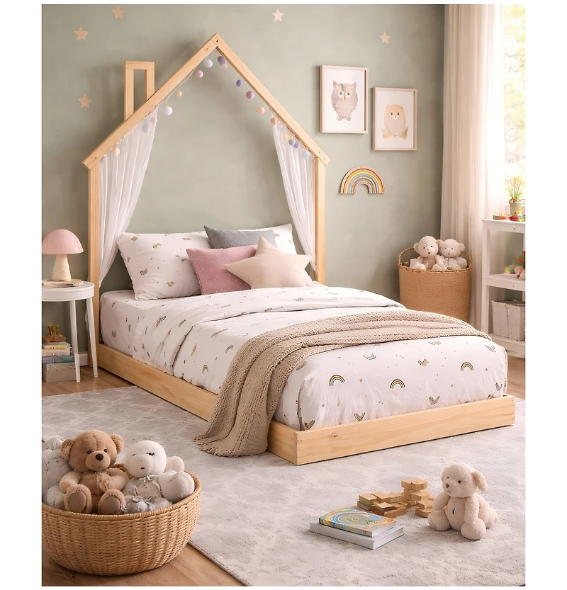 Gouun House-Shaped Floor Bed with Chimney, Headboard and Side Handrails