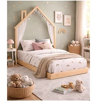 Gouun House-Shaped Floor Bed with Chimney, Headboard and Side Handrails