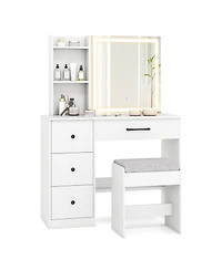 Gouun Vanity Desk with Sliding Mirror, Led Lights, 4 Drawers and Chair Set