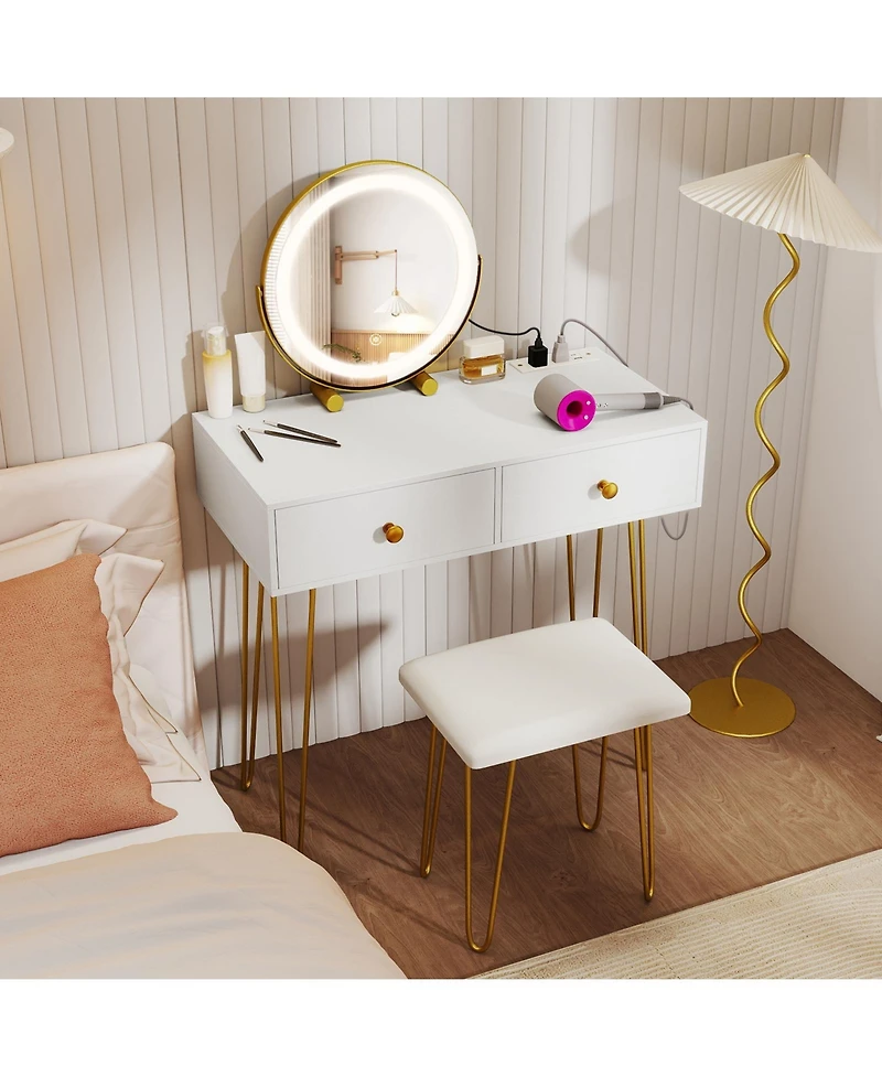 Gouun Vanity Desk with 360-Degree Adjustable Led Mirror, Drawers and Stool
