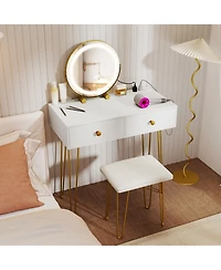 Gouun Vanity Desk with 360-Degree Adjustable Led Mirror, Drawers and Stool