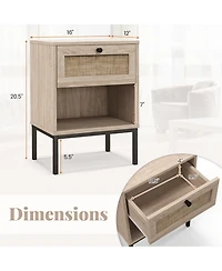 Gouun Rattan Nightstand Set of 2 with Drawer and Open Shelf, Boho End Table