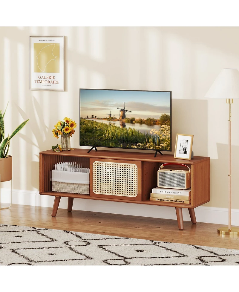 Gouun Bamboo and Rattan 47.5-Inch Sliding Door Tv Stand