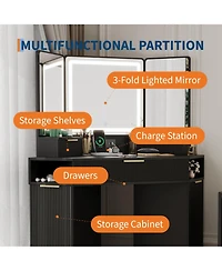 Homfan Corner Vanity, Vanity Desk with Mirror and Lights, Fluted Makeup Table Charging Station, Drawers, Storage Cabinets