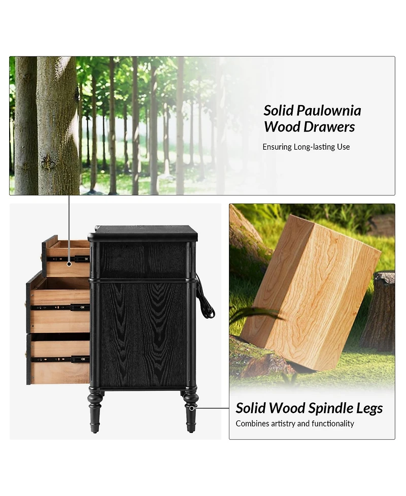 Hulala Home Kaybri Transitional 28"W 3-Drawer Fluted Solid End Table with Built-in Power Outlets