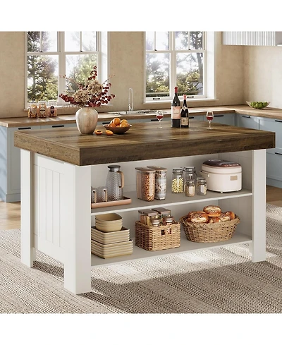 Tribesigns Two-Tone Kitchen Island Table with Storage Shelves, 55 Inch Counter Height Bar Table with Wood Look Top
