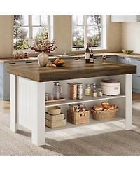 Tribesigns Two-Tone Kitchen Island Table with Storage Shelves, 55 Inch Counter Height Bar Table with Wood Look Top