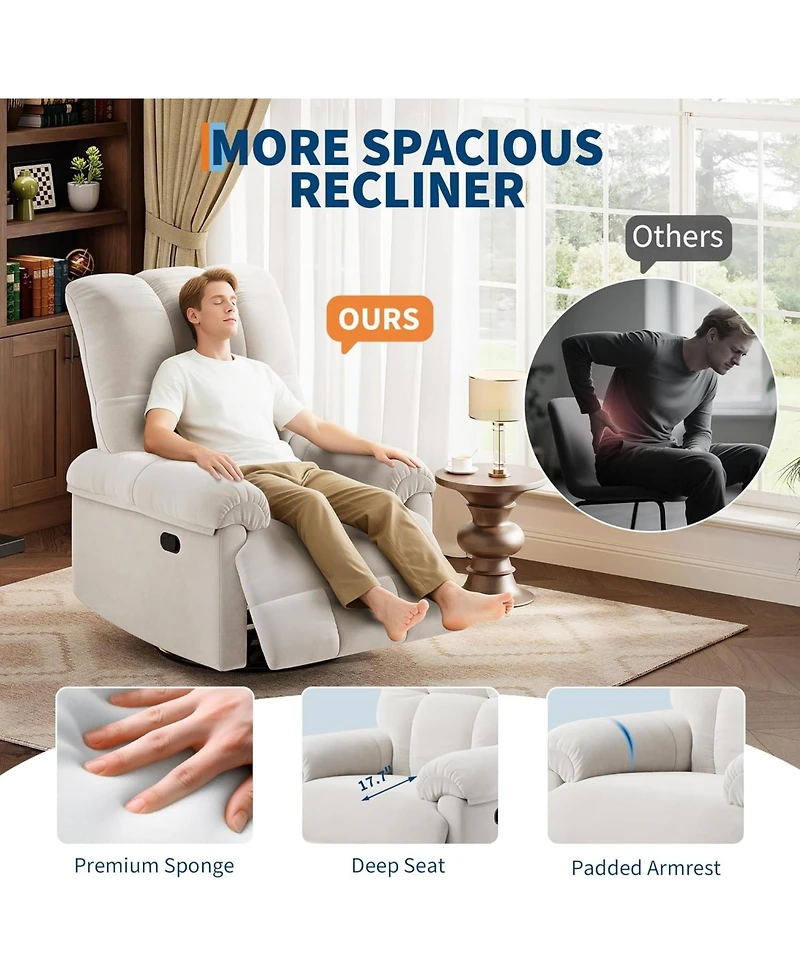 gaomon Manual Recliner Chair,360 Swivel Rocker Glider Recliner with Padded Armrests, Modern Chenille Upholstered Reclining Chair for Living Room.