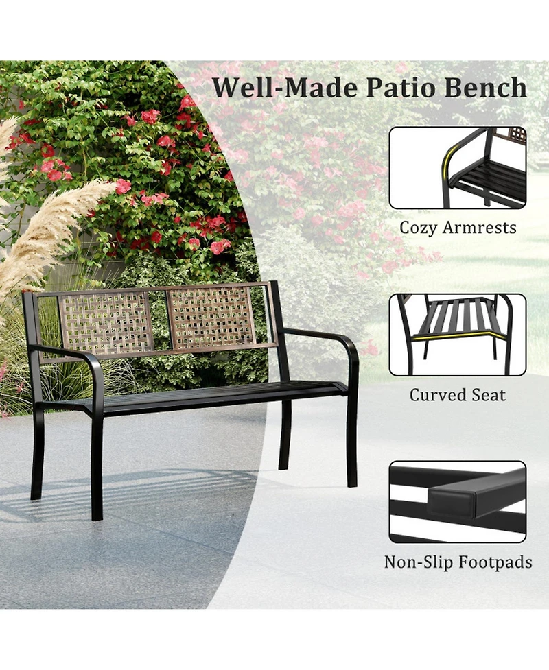 Sugift 50 in Outdoor Metal Garden Bench with Rattan-Like Backrest for 2-3 People