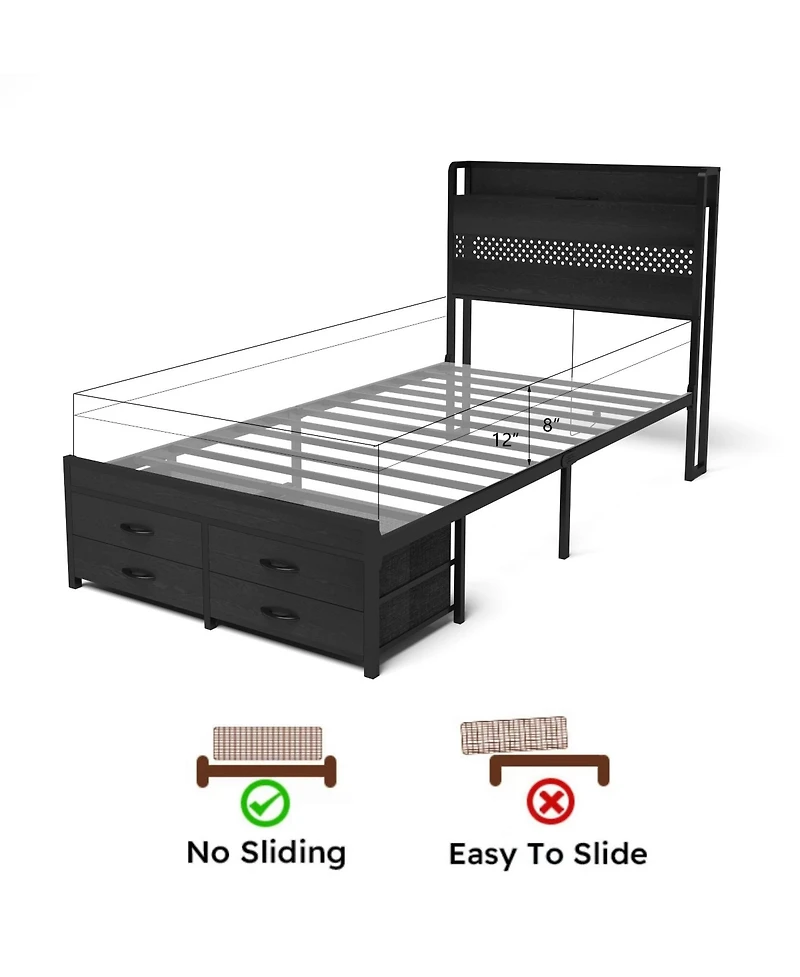 Lucky One Twin Bed Frames with Headboard, Twin Size Bed Frames with Storage Drawers, Twin Bed