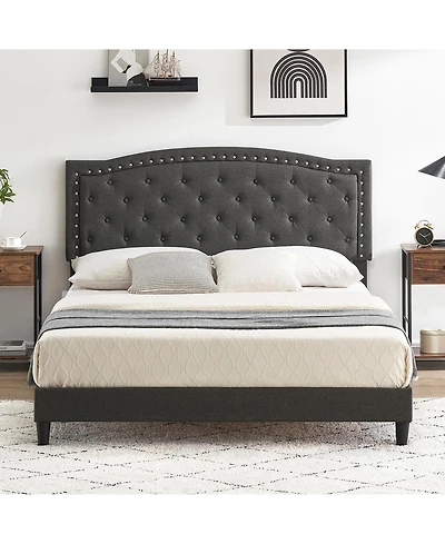 Homfan Queen Size Bed Frame with Adjustable Headboard, Upholstered Platform Bed with Wooden Slat