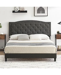 Homfan Queen Size Bed Frame with Adjustable Headboard, Upholstered Platform Bed with Wooden Slat