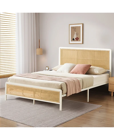 homfan Full Size Bed Frame with Rattan Headboard, Modern Platform Bed, Heavy Duty Bed Frame With Metal Slat Support