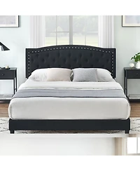 Homfan Queen Size Bed Frame with Adjustable Headboard, Upholstered Platform Bed with Wooden Slat