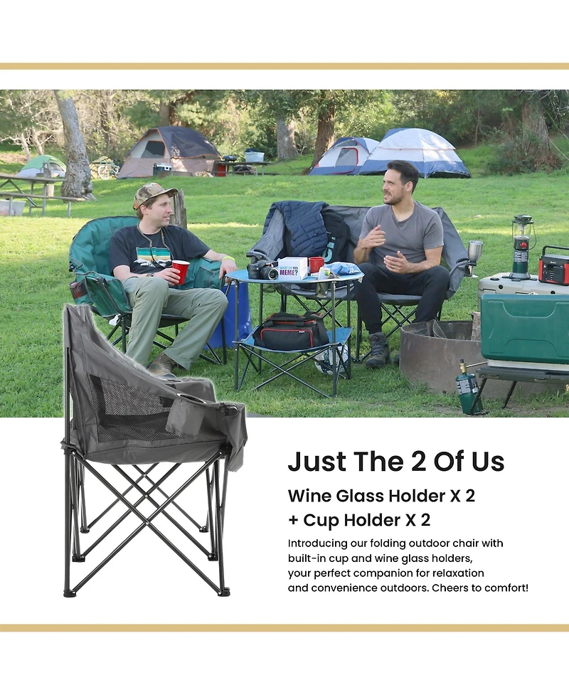 Arrowhead Outdoor Portable Folding Double Duo Camping Chair Loveseat Couch w/ 2 Cup and Wine Glass Holders, Supports 650 lbs