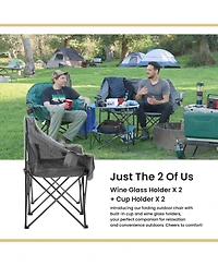 Arrowhead Outdoor Portable Folding Double Duo Camping Chair Loveseat Couch w/ 2 Cup and Wine Glass Holders, Supports 650 lbs