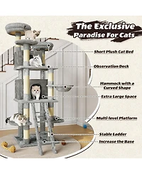 6thdruple 70.87" Multi-Level Cat House Tree, Gray Large Tower with Condos, Hammock, Perches, Sisal Scratching