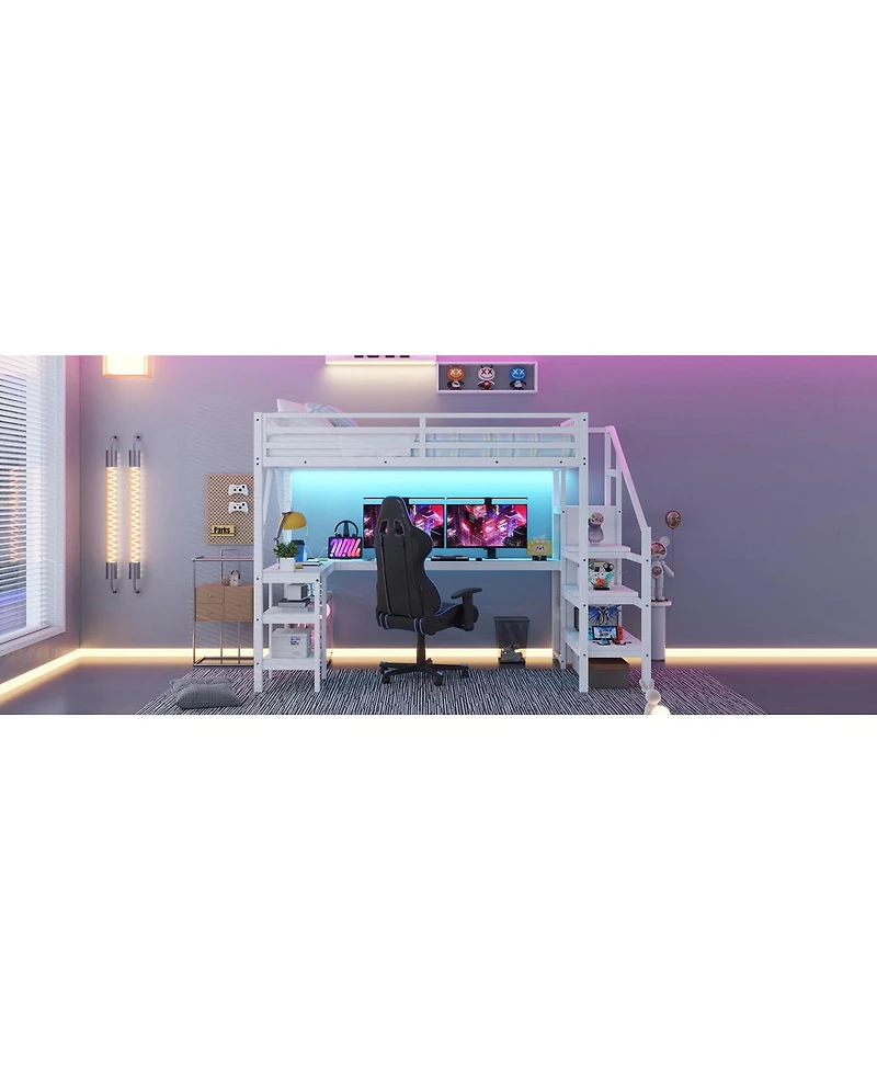 Streamdale Furniture Full Loft Bed Wardrobe, Desk and Led Light