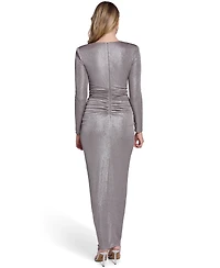 Jessica Howard Women's V-Neck Front Slit Ruched Ball Gown