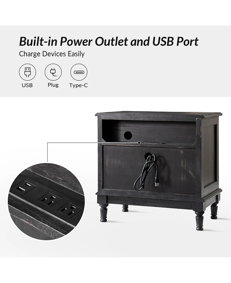 Hulala Home Elfine Traditional 2-Drawer Solid Wood End Table with Built-In Outlet and Curved Drawer Fronts