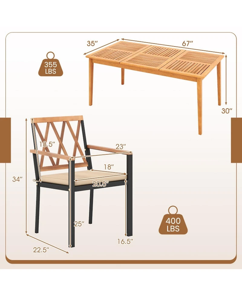 Gouun 7-Piece Patio Dining Set with 67 in Acacia Wood Table, Umbrella Hole and 6 Cushioned Chairs