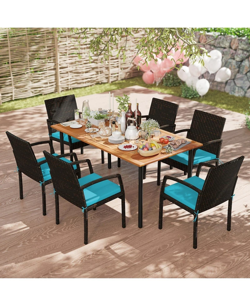 Gouun 7-Piece Outdoor Dining Set with Acacia Wood Table, Pe Rattan Chairs and Cushions