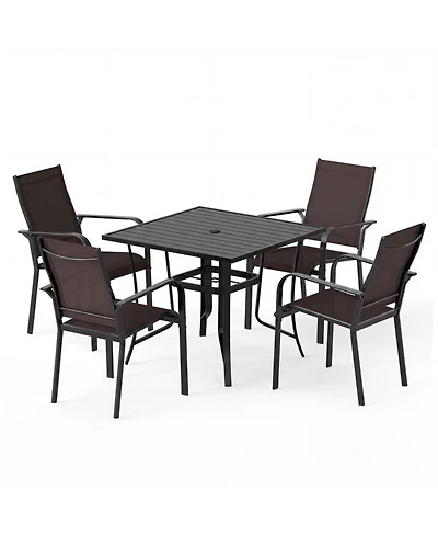 Gouun 5-Piece Stackable Mesh Patio Dining Set with 37 in Square Table and Umbrella Hole