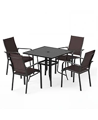 Gouun 5-Piece Stackable Mesh Patio Dining Set with 37 in Square Table and Umbrella Hole