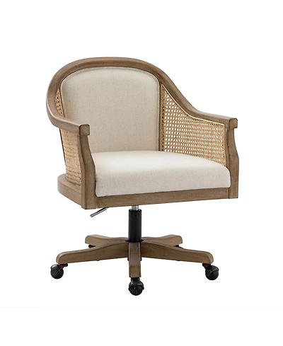 Hulala Home Ackeron Farmhouse Rattan Upholstered Office Task Chair with Solid Wood Arms