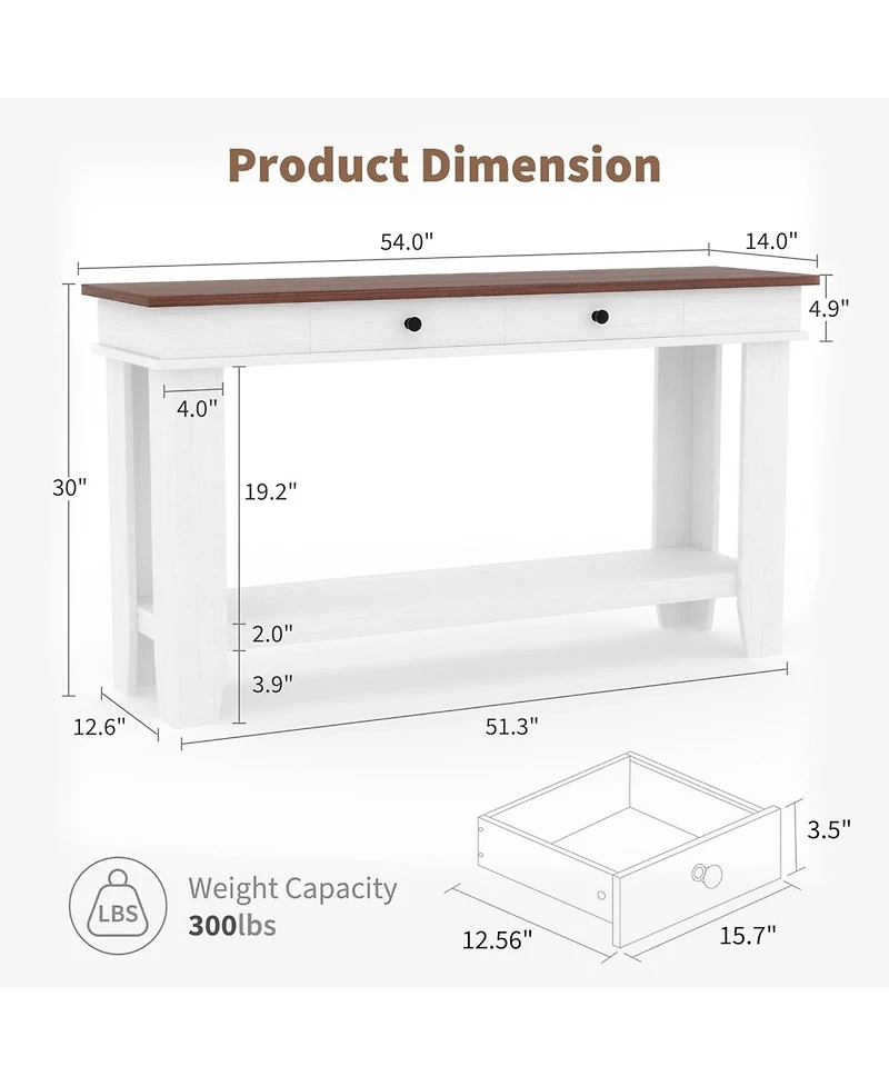 gaomon 54-Inch Farmhouse Console Table with Drawers and Open Shelf, Wooden Entryway/Sofa Table for Hallway or Living Room