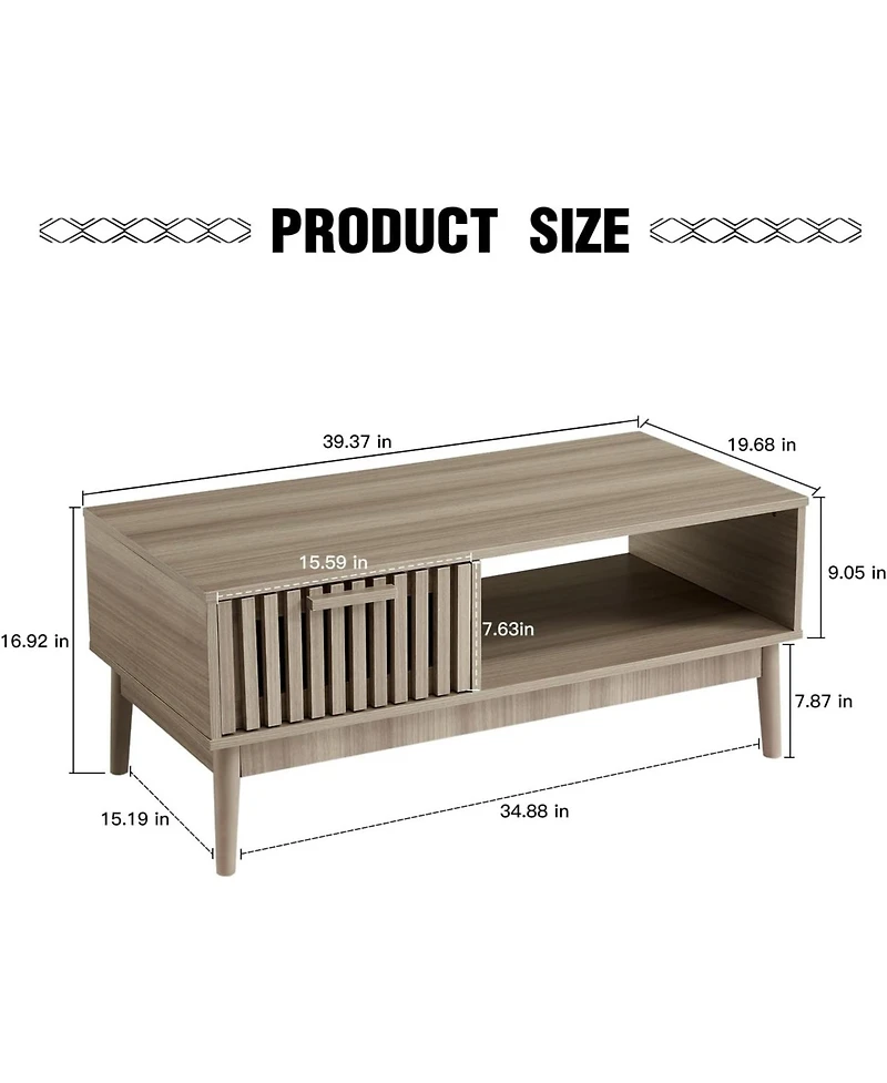 gaomon 39.4" Mid Century Modern Coffee Table with Storage, 2-Tier Fluted Rectangle Center Table with Drawer, Open Shelf and Wood Legs for Living Room
