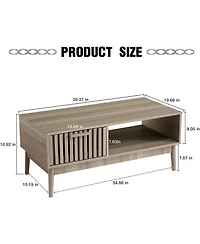 gaomon 39.4" Mid Century Modern Coffee Table with Storage, 2-Tier Fluted Rectangle Center Table with Drawer, Open Shelf and Wood Legs for Living Room