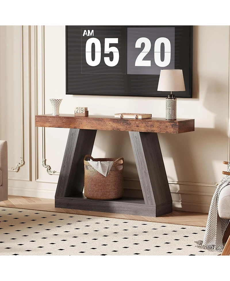 gaomon Farmhouse Console Table with Trapezium Design - 55" Wooden Sofa Table with Open Storage Shelf