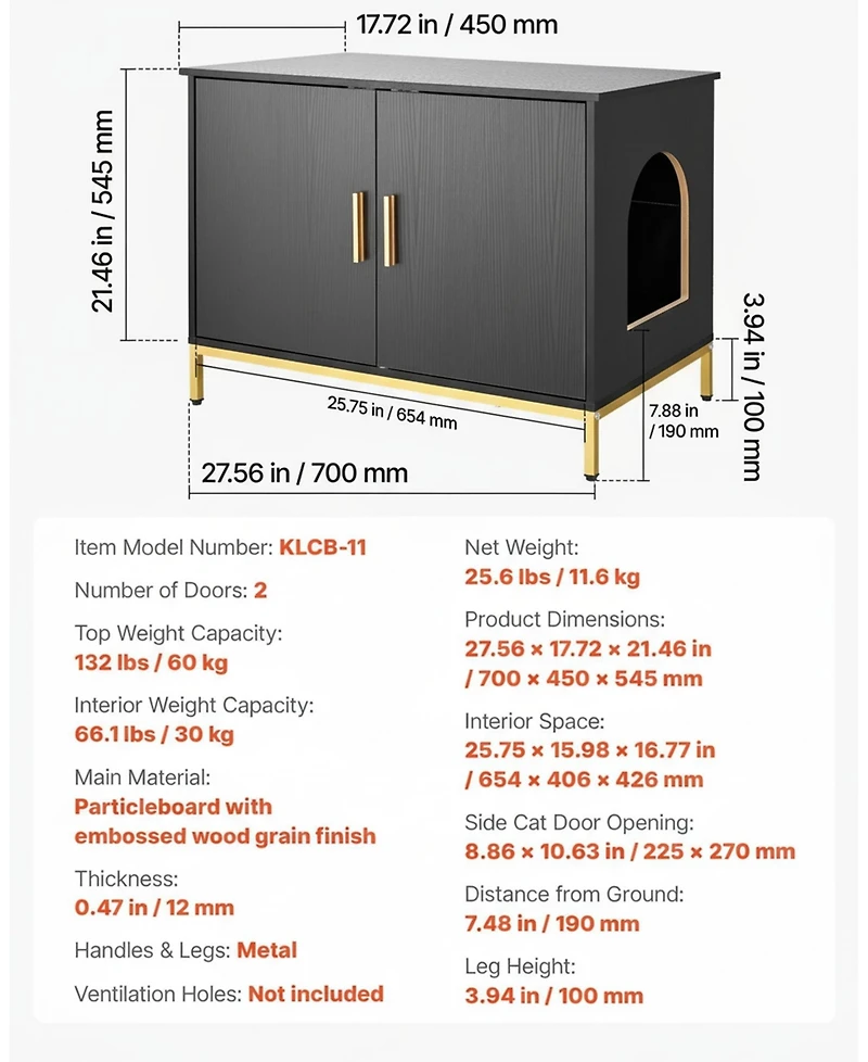 Gouun Hidden Cat Litter Box Cabinet with Metal Legs, 27.6-Inch Enclosed Cat Washroom End Table