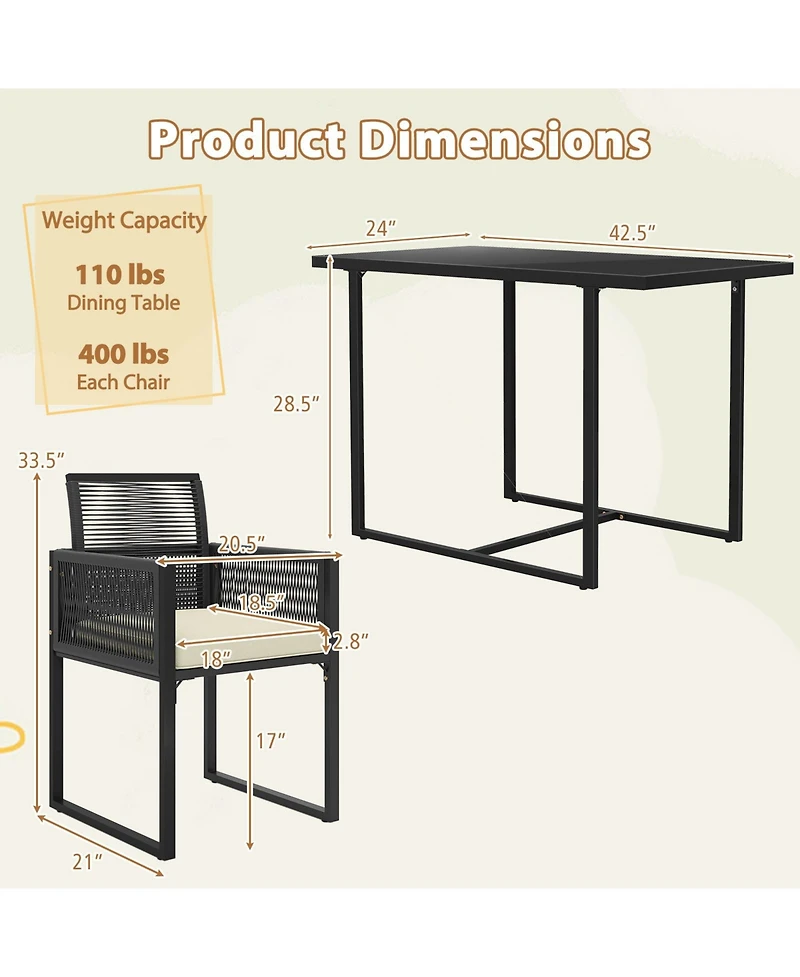 Gouun 3-Piece Outdoor Wicker Dining Set with Tempered Glass Table and Chairs