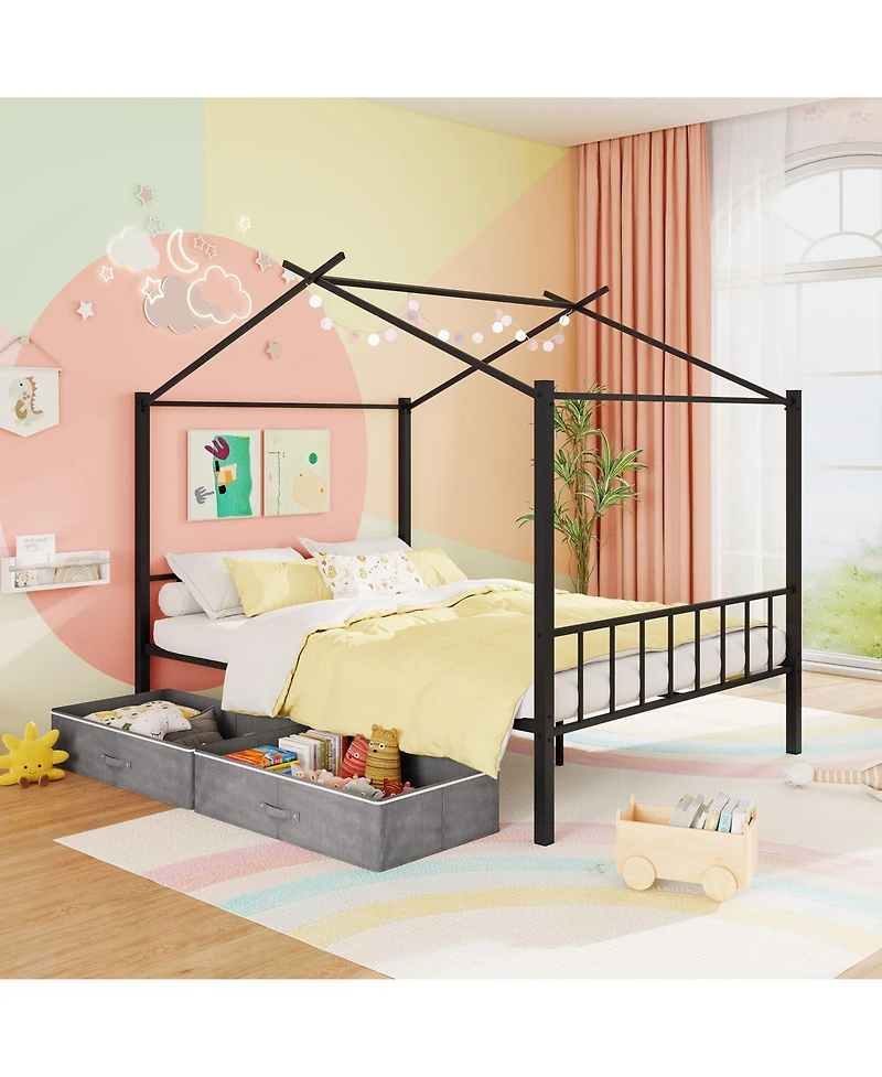 Gouun Full Size Metal House Bed Frame with 2 Fabric Storage Drawers for Kids