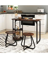Gouun 3-Piece Industrial Dining Set with Side Shelves and 2 Stools