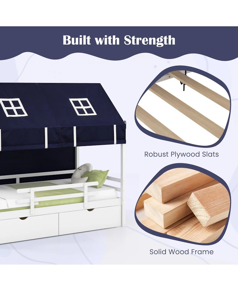 Gouun Twin House Bed with Removable Tent Canopy and 2 Rolling Storage Drawers