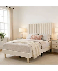 Homfan Velvet Bed Frame, Vertical Channel Tufted Headboard, Height Adjustable, Upholstered Platform Bed, No Box Spring Needed