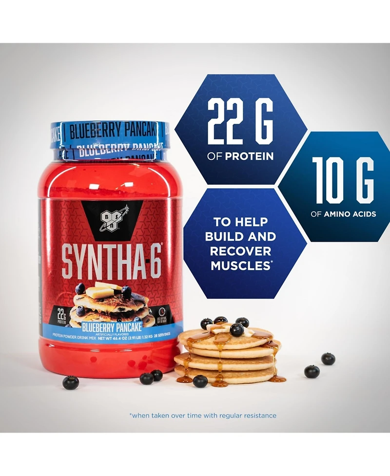 Bsn Syntha-6 Premium Protein Powder, Whey Protein, Micellar Casein, Milk Protein Isolate Blend, 5g Fat, Blueberry Pancake, 28 Servings