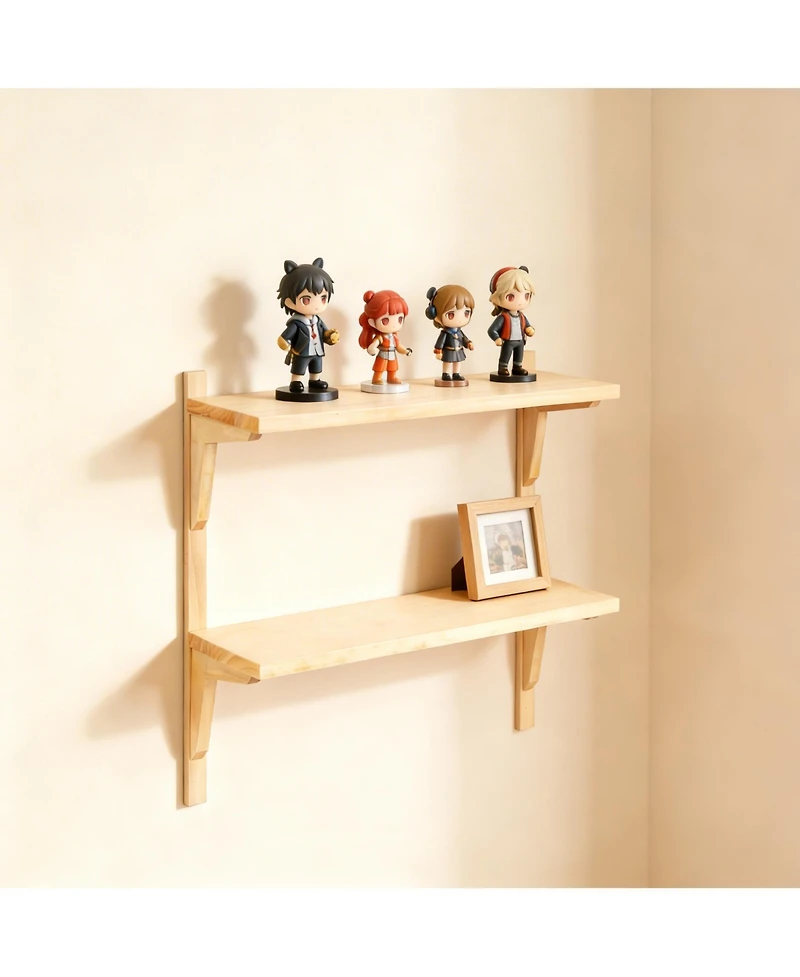 Yigii Mid-century Wall Shelf 24" Walnut 2-Tier Solid Wood Storage