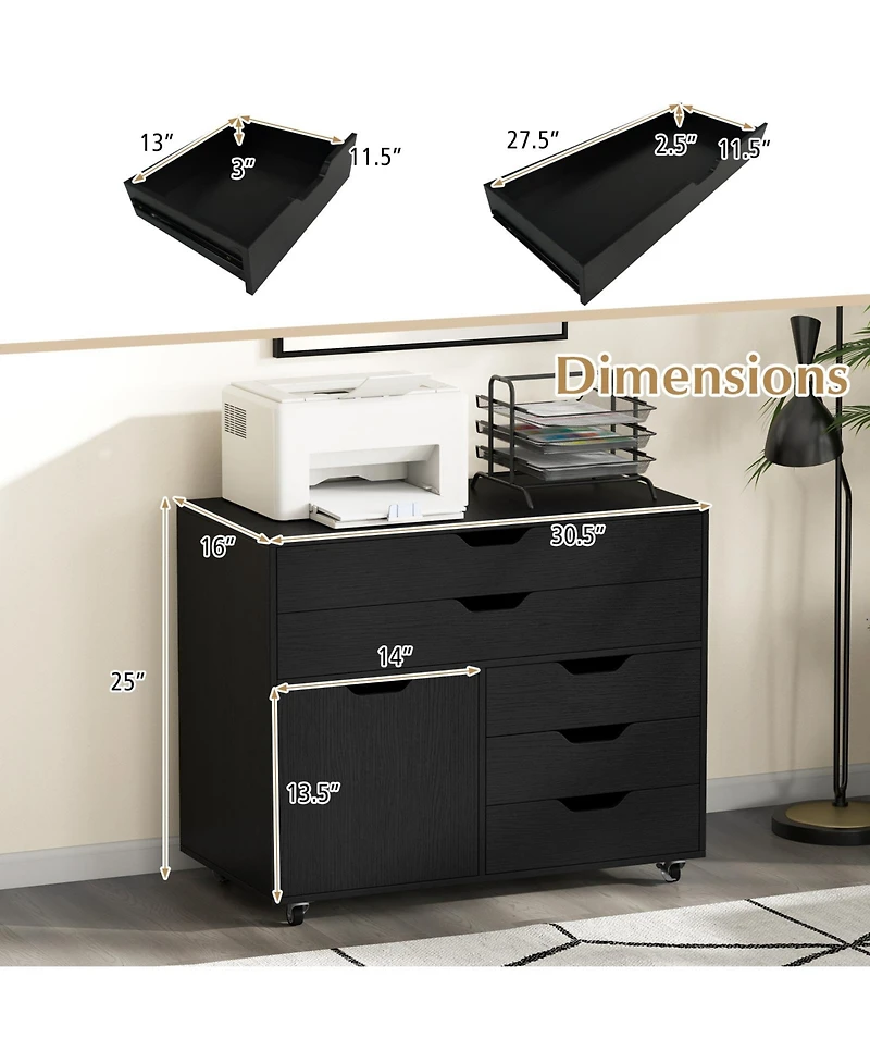 Gouun 5-Drawer Mobile Storage Chest with Cabinet Door, 30.5 in L x 16 in W x 25 in H