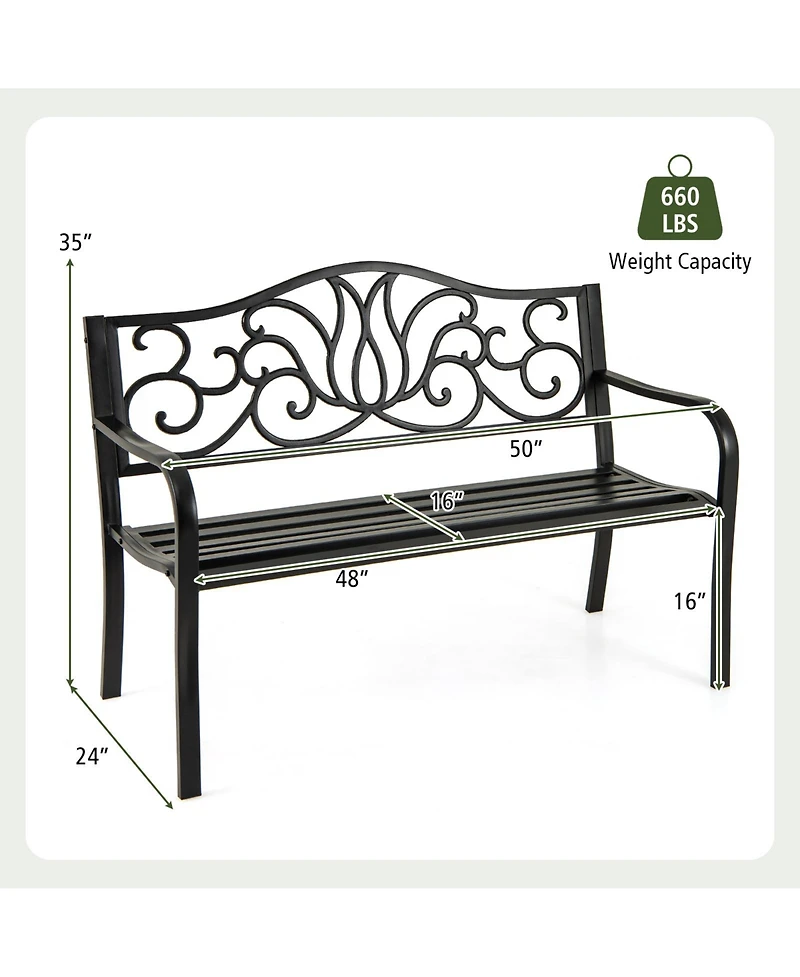 Sugift 50 in Outdoor Garden Bench with Floral Backrest and Slatted Seat