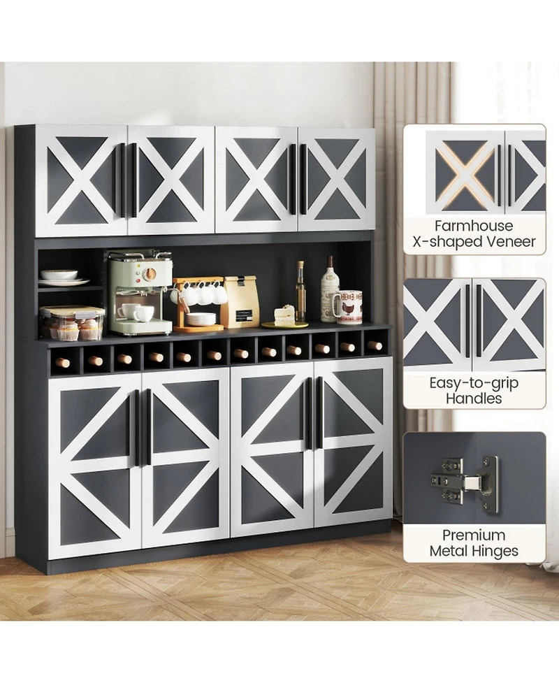 Gouun 70 in Tall Farmhouse Pantry Cabinet with 12-Bottle Wine Rack and Adjustable Shelves