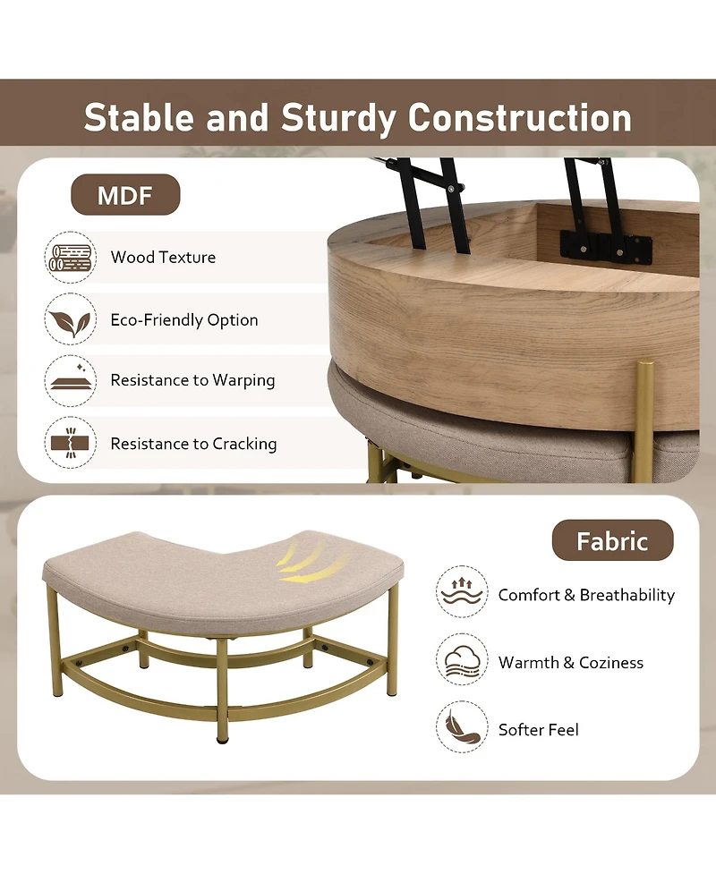 Rainsken Modern Round Lift-Top Coffee Table with Hidden Storage and 3 Ottoman, Nesting Center Table Set for Living Room and Office
